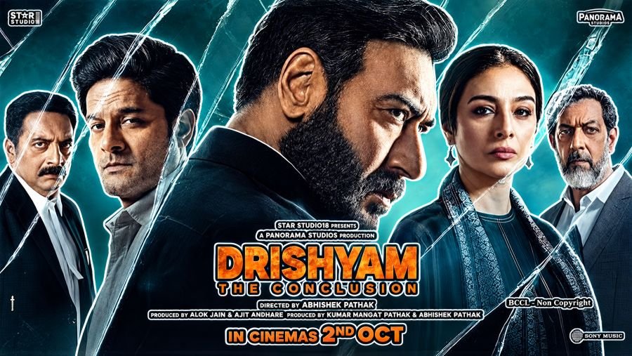 Drishyam The Conclusion poster featuring Ajay Devgn, Shriya Saran, Jaideep Ahlawat, Prakash Raj and other main cast members.